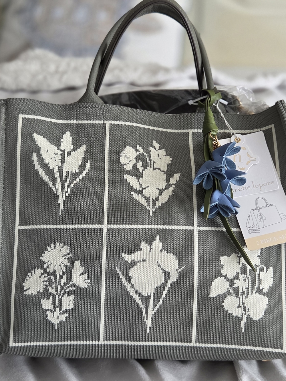 Nanette Lepore Gray Tote with White Floral Grid and Blue Charm